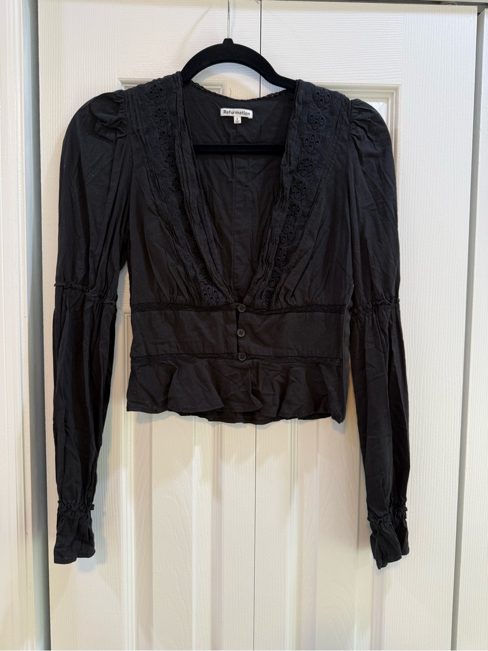 Reformation Black Meadowlark Lace-Trim V-Neck Blouse - Picture 3 of 5